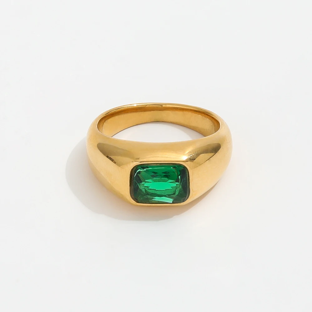 Joolim Jewelry Wholesale 18K Gold Plated Chunky Green Zirconia Stainless Steel Rings for Women Statement Rings