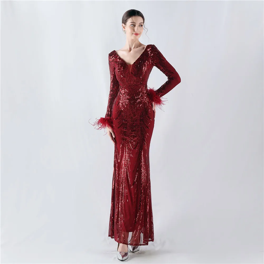 33060# Whole Positioning Floral Ordering Ostrich Fur High-end Evening Winter Annual Meeting Presided Red Dress