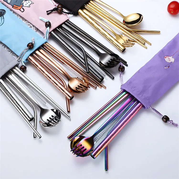 

H214 Tableware Sets With Cartoon Printed Bag Dinnerware Portable 304 Stainless Steel Flatware Spoon Fork Knife Straw Set, Multi