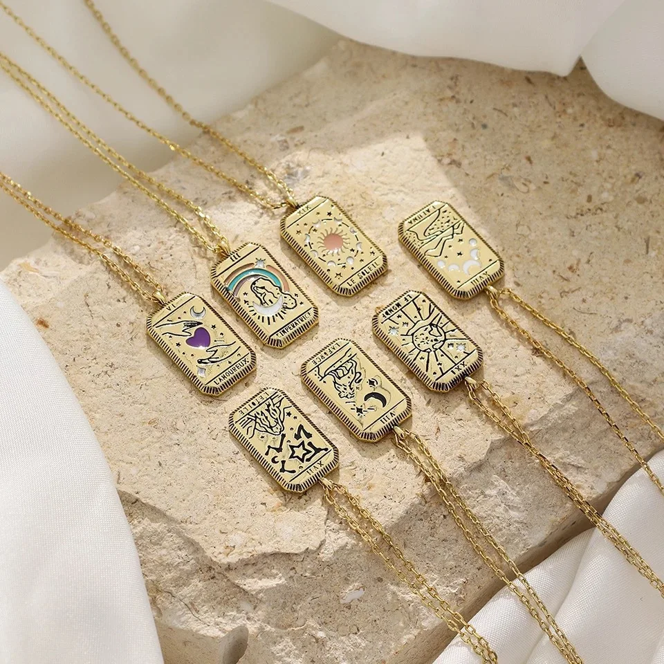 

Vintage Gold Plated Rectangle Pendant Square Moon Sun World Lover Geometric Women Fashion Jewelry Gothic Tarot Card Necklace