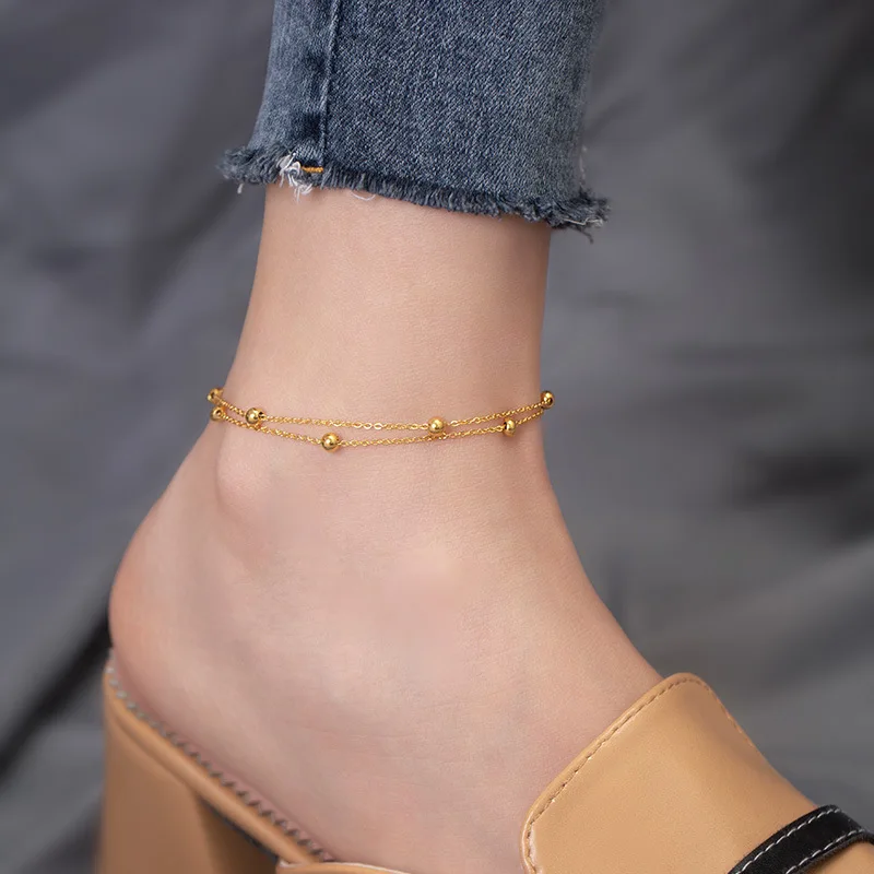 

Minimalist Waterproof Jewelry Layering Anklets 18K Gold Plated Stainless Steel Double Layer Beaded Chain Anklets YF3245