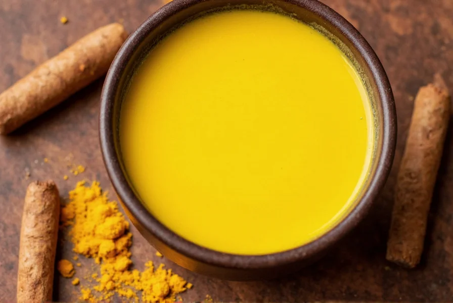 Turmeric root and spices arranged around a glass of golden milk