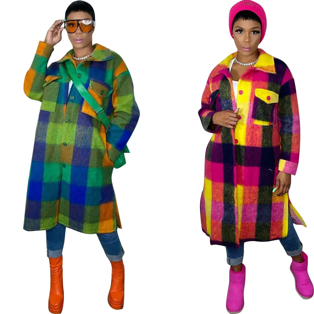 

2022 Autumn Plaid Colorful Long Sleeve Coats Jackets Elegant Turn Down Collar Long Coats For Women Winter Warm Pocket Jacket