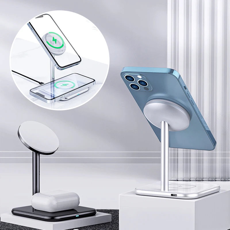 

Compatible With Led Indicator Wireless Qi Charging Stand 15W Phone Magnetic 2 In 1 Wireless Charger, Silver tarnish