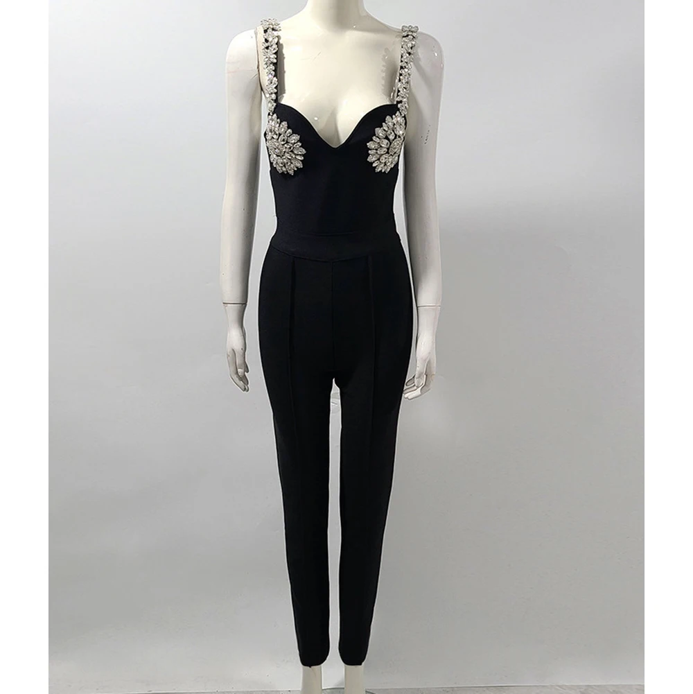 Sleeveless V Neck Jumpsuit Diamond Back Detail