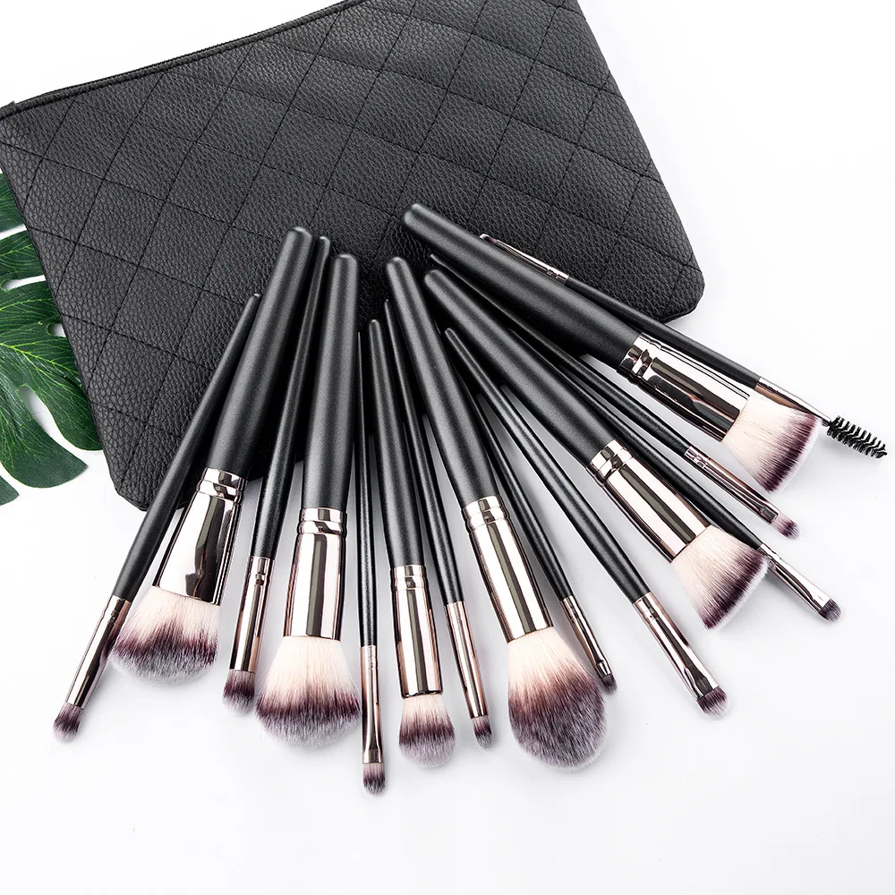 

Custom None Label Fluffy Makeup Brush Sets Luxury 15pcs Vegan High End Private Custom Label Makeup Brush Set With Pu Bag