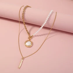 Vintage Link Rope Chain Toggle Clasp Long Bar Charm Pendant Pearl Gold Plated Layered Jewelry Necklace Women