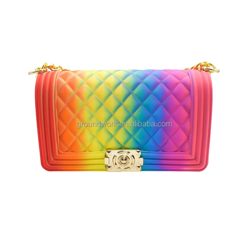 

GW jelly purses Fashion luxury rainbow purse chain lady colorful bags candy jelly hand bags handbags clear women purses handbag