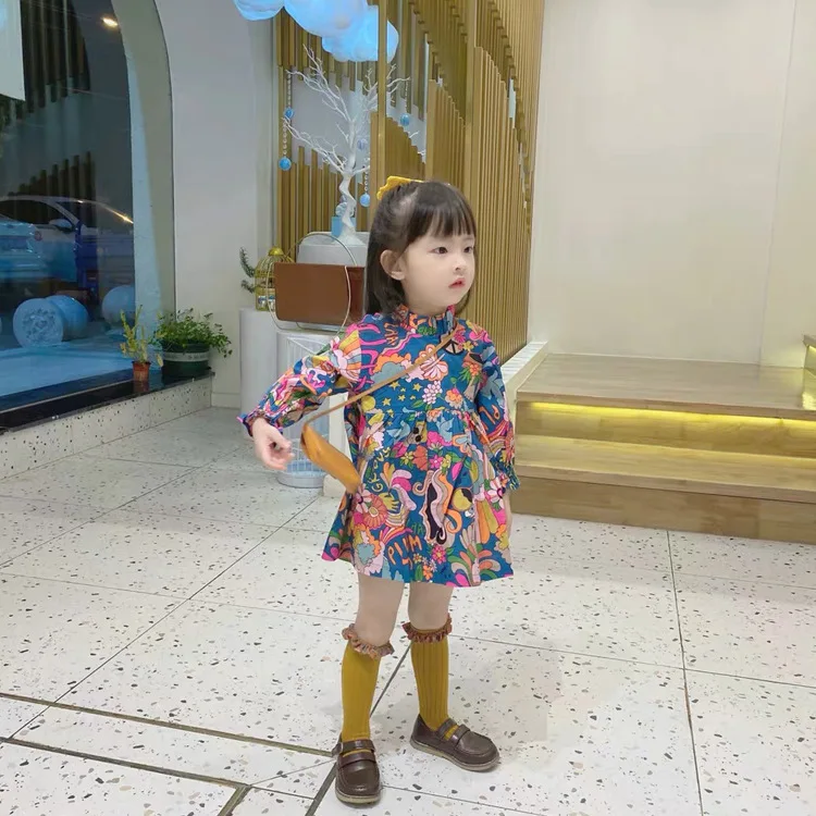 

2221 New Spring Stylish Long Sleeve Floral Printed Shirt Dress +Knickers 1-6T