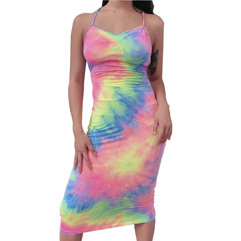 

2021 summer sexy tight open back dress tie dye printing milk silk irregular SLING DRESS women's party dress, Pic