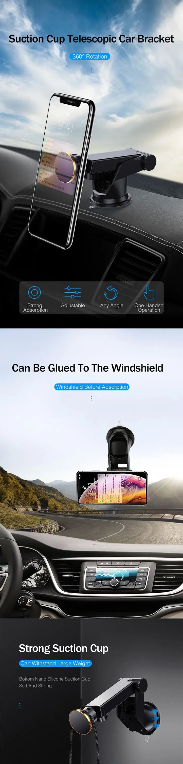 EONLINE Suction cup Car phone Holder Car Barcket telescopic Mount For iPhone 8 X XS Max Samsung Xiaomi Mobile Phone Holder Stand