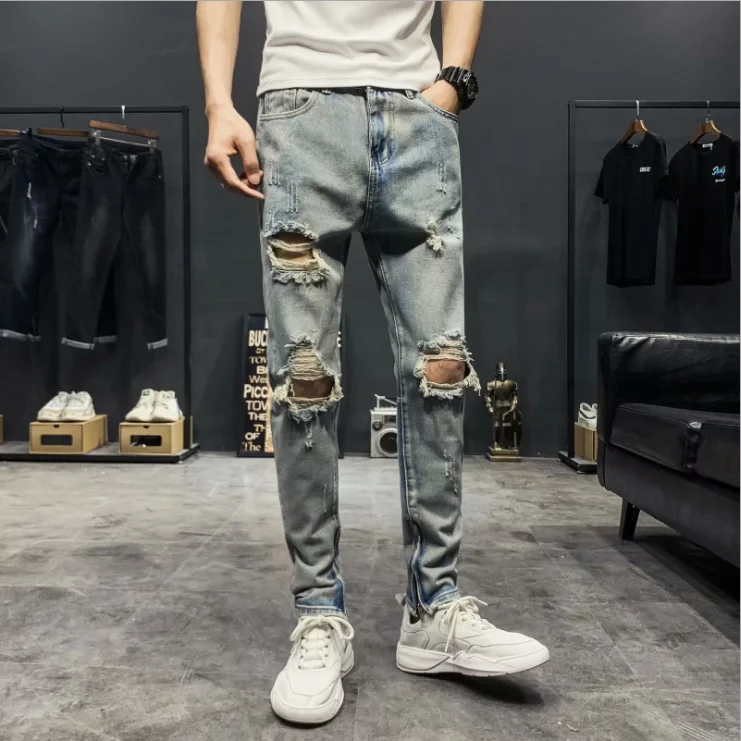 

Wholesale Fashion Mens Knee Hole Jeans Pants Slim Fit Hip Hop Denim Joggers Man Club Wear Personality Men's Jeans