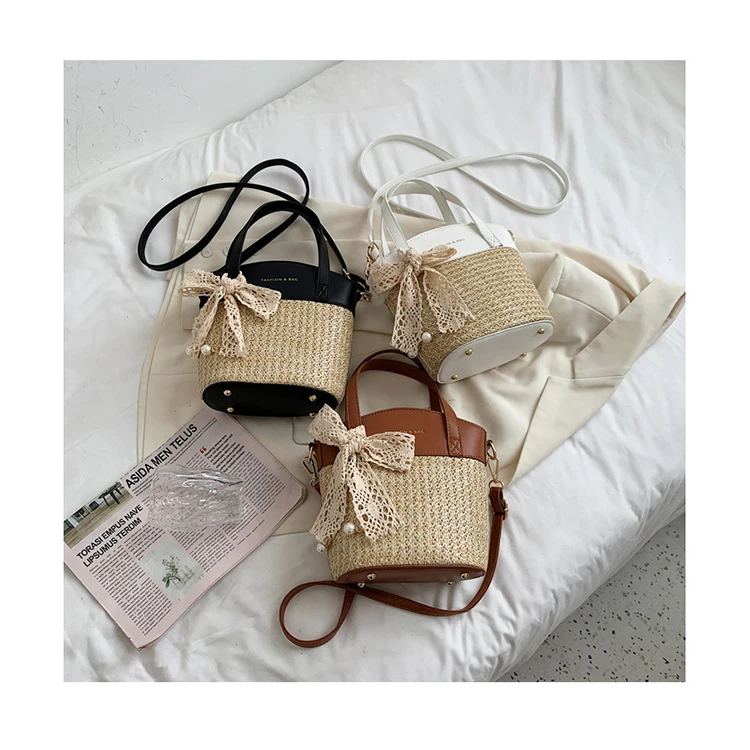 

Lace Bow Small Straw Bucket Bags For Women Summer Beach Crossbody Bag Lady Travel Handwoven Purses and Handbags Hand Bags bolsas