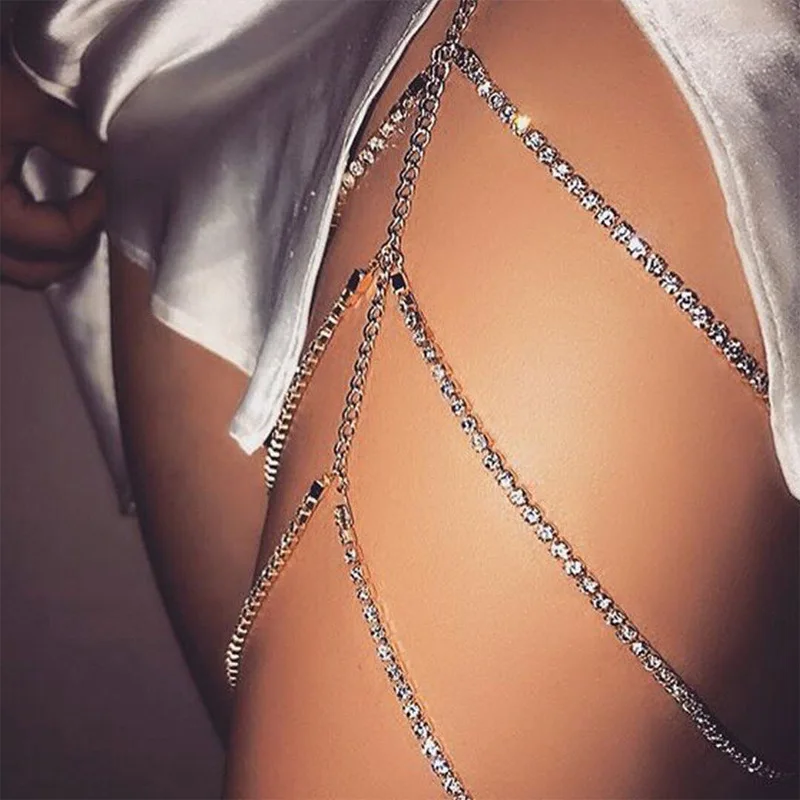 

HOVANCI Fashion personality simple sexy nightclub body chain full rhinestone multi-layer leg chain jewelry, Gold,silver