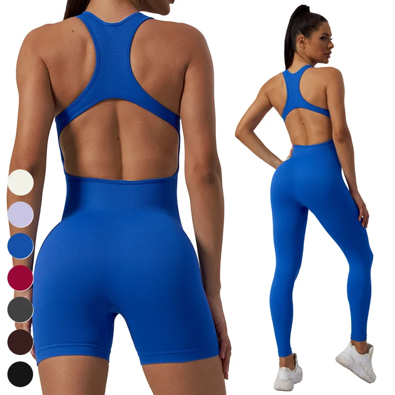 

Sexy Racer Back Hollow Out Jumpsuits Custom Rompers Gym Fitness Workout Bodysuit Seamless One Piece Yoga Jumpsuit For Women