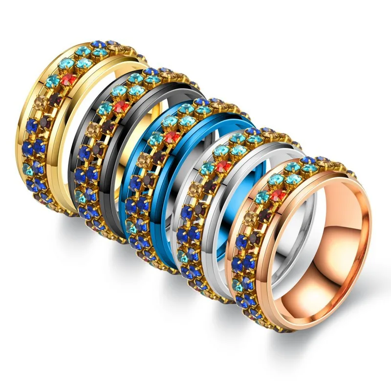 

New stainless steel seven color diamond chain turning ring titanium steel 8MM ring
