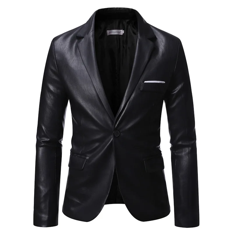 

2022 Fashion High-Quality Custom Logo PU Leather Jacket Solid Male Blazers Men's Coats Outdoor Jackets Men Slim Fit Blazer, Picture