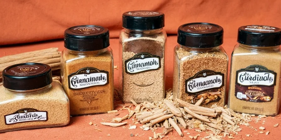 Various cinnamon bottles lined up for inspection