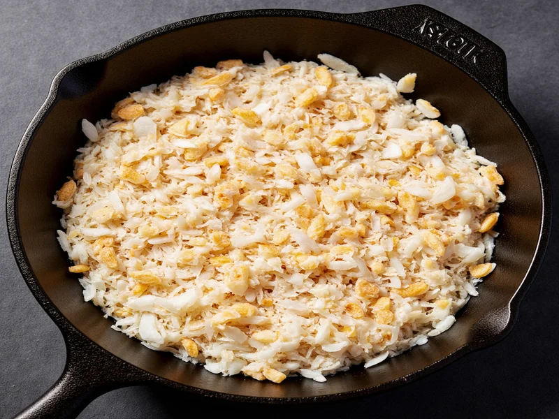 Toasted coconut flakes in cast iron skillet for pie recipe