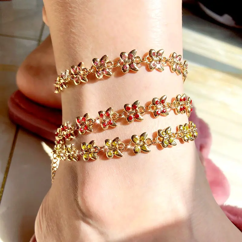 

Fashion Butterfly Foot Jewelry Alloy Gold Plated Anklets Chain Bracelet Crystal Butterfly Anklets Jewelry Women Girl, Gold colors