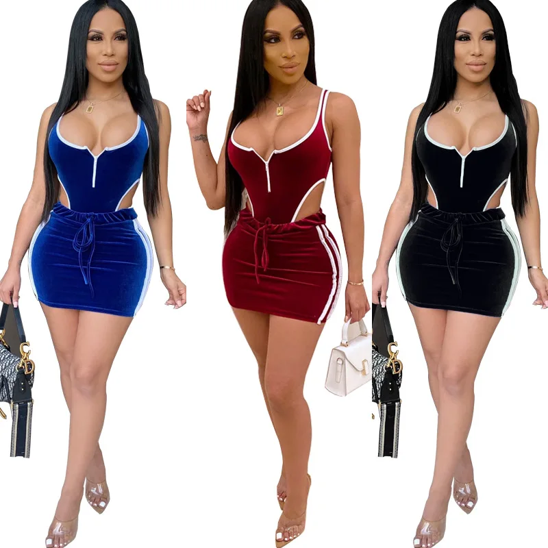 MC2788 casual bandage mini skirts and bodysuit two piece set women clothing