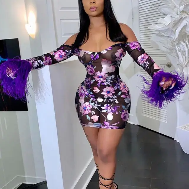 

Women Mini Dress V-Neck Long Sleeve Floral Print dress Night Club Wear Sheath Dress