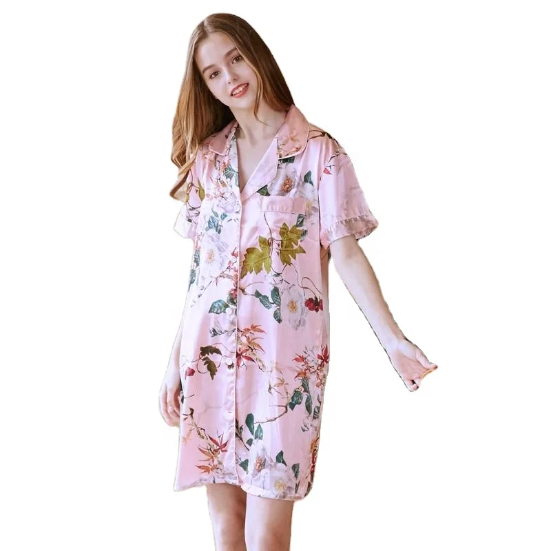 

2021 Latest Design Pink Floral Print Pajamas Comfortable Silk Fabric Short Sleeve Shirt Nightdress Women