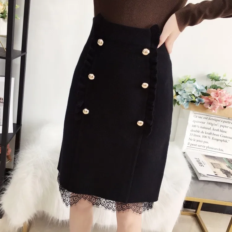

2019 new arrival office lady slim fit Over Hip knitted lace skirt, Black