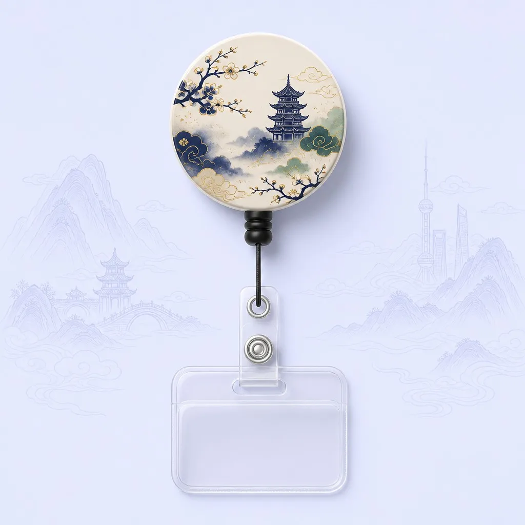 Badge reel with skyline and landmark line-art background