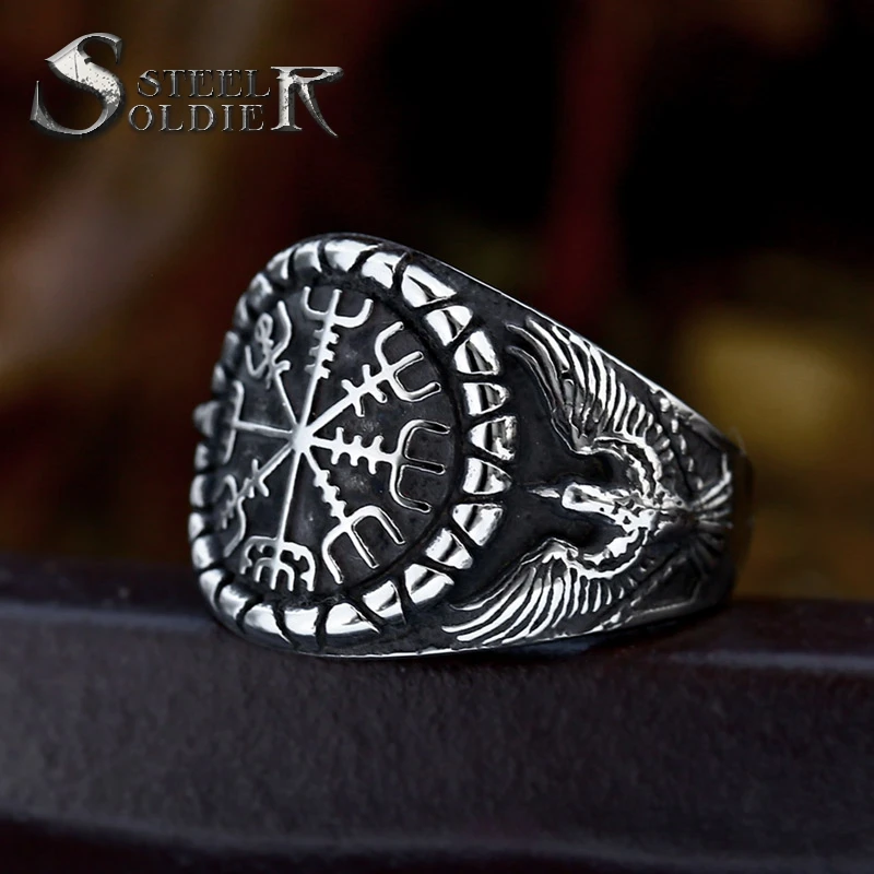 

SS8-1249R 2023 New Arrival 316L Stainless Steel Viking Vegvisir Ring Double eagle Pattern Ring For Men Retro Jewelry Wholesale