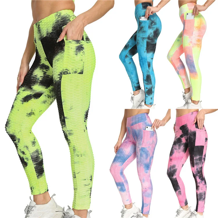 

Cross-border Amazon side pockets new thick hip-lifting anti-cellulite tie-dye ink jacquard bubble yoga leggings, Customized colors