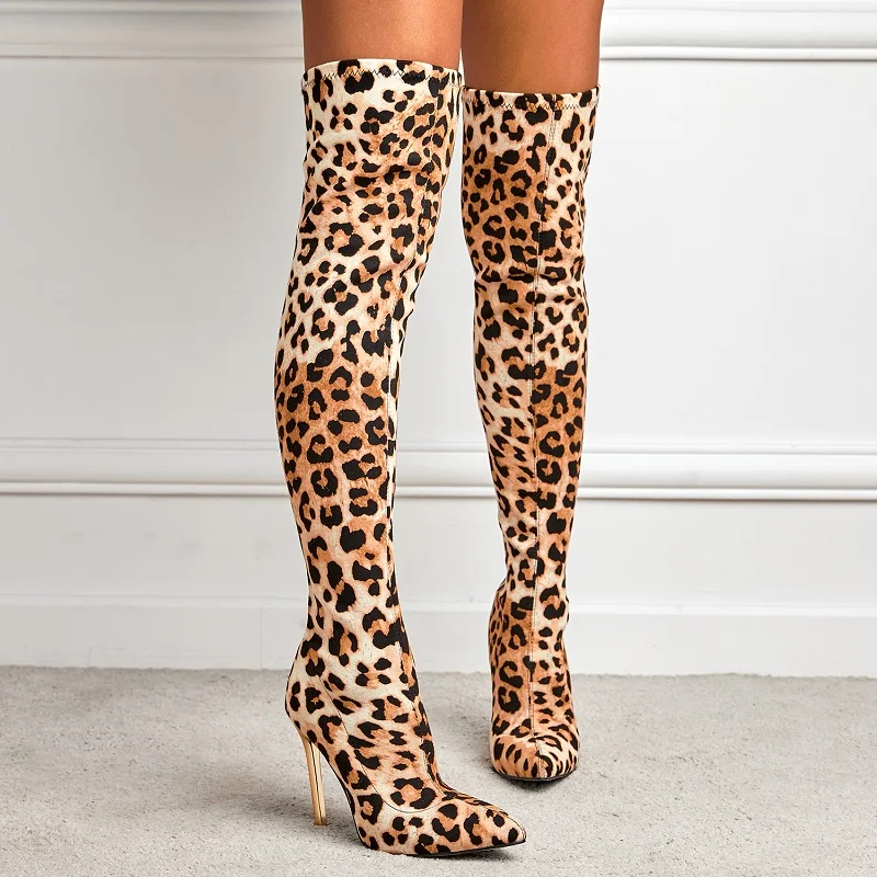 

Winter High Quality Pointed Toe Leopard Grain Over Knee Boots Sexy Thin High Heel Shoes Ladies Outdoor Thigh High Boots