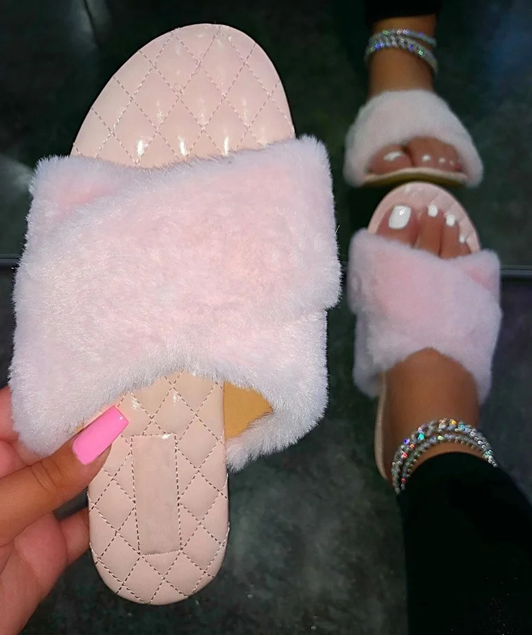 

Amazon top seller 2021 women's fashion indoor shoes luxury faux fur slipper ladies fluffy flat slippers plush sandals pantufla, Customize