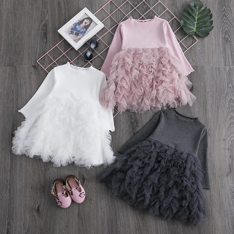 

Q107060 spring new children's mesh cake dress princess dress children girls long sleeve party dress, Pink