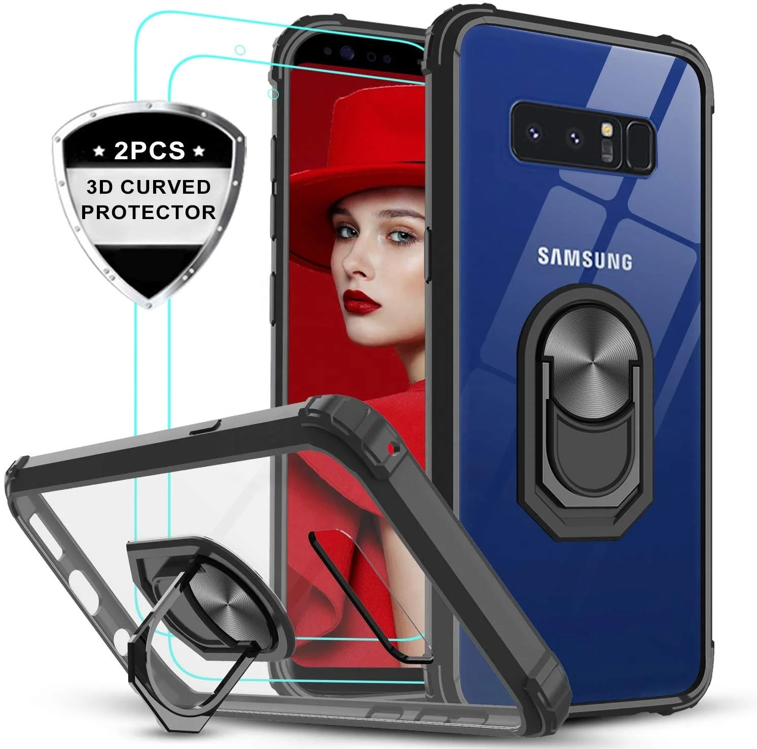 

LeYi cell phone thin cases with ring for samsung note 8 with tempered glass[2 Pack], Colors optional