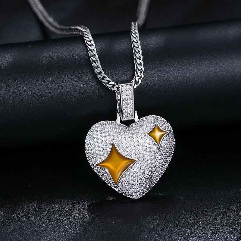 

Glow In The Dark Hiphop Jewelry Men 925 Sterling Silver VVS Moissanite Diamond Iced Out Heart Pendant With Rope Chain