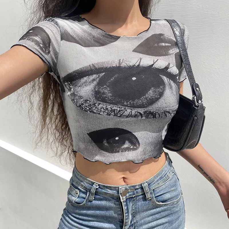 

2021 trendy H6650 - fashion sexy mesh ruffle printed short sleeve women crop top