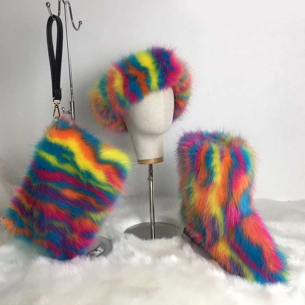 

2021 New arrive women's winter fur boots set fur shoes snow boots with fur headband and purse kids boots set