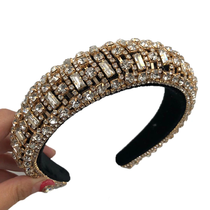 

Jachon Fashion Full Crystal Rhinestone Headband Thick Wide Vintage Turban Padded Hairband Accessories For Women, As picture