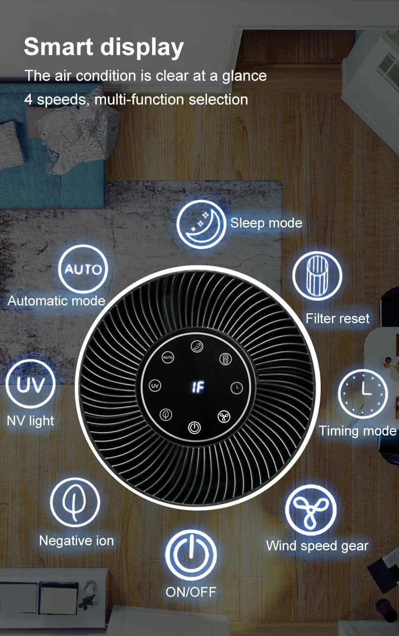 4 Layers Hepa Filter Smart Display Odor Allergies Eliminator Mini Portable Air Purifier with UV Light