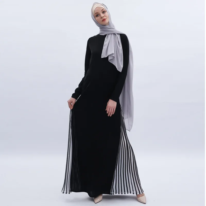 

maxi long dress muslim dress strip combined black women abaya