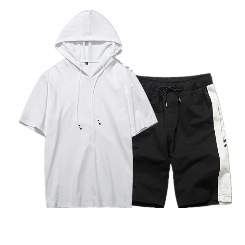 

Summer new hooded suit wholesale jogging style custom short-sleeved two-piece plain Casual sportswear tracksuit men set, White + black, black + black, white + green, gray + gray, white + gray