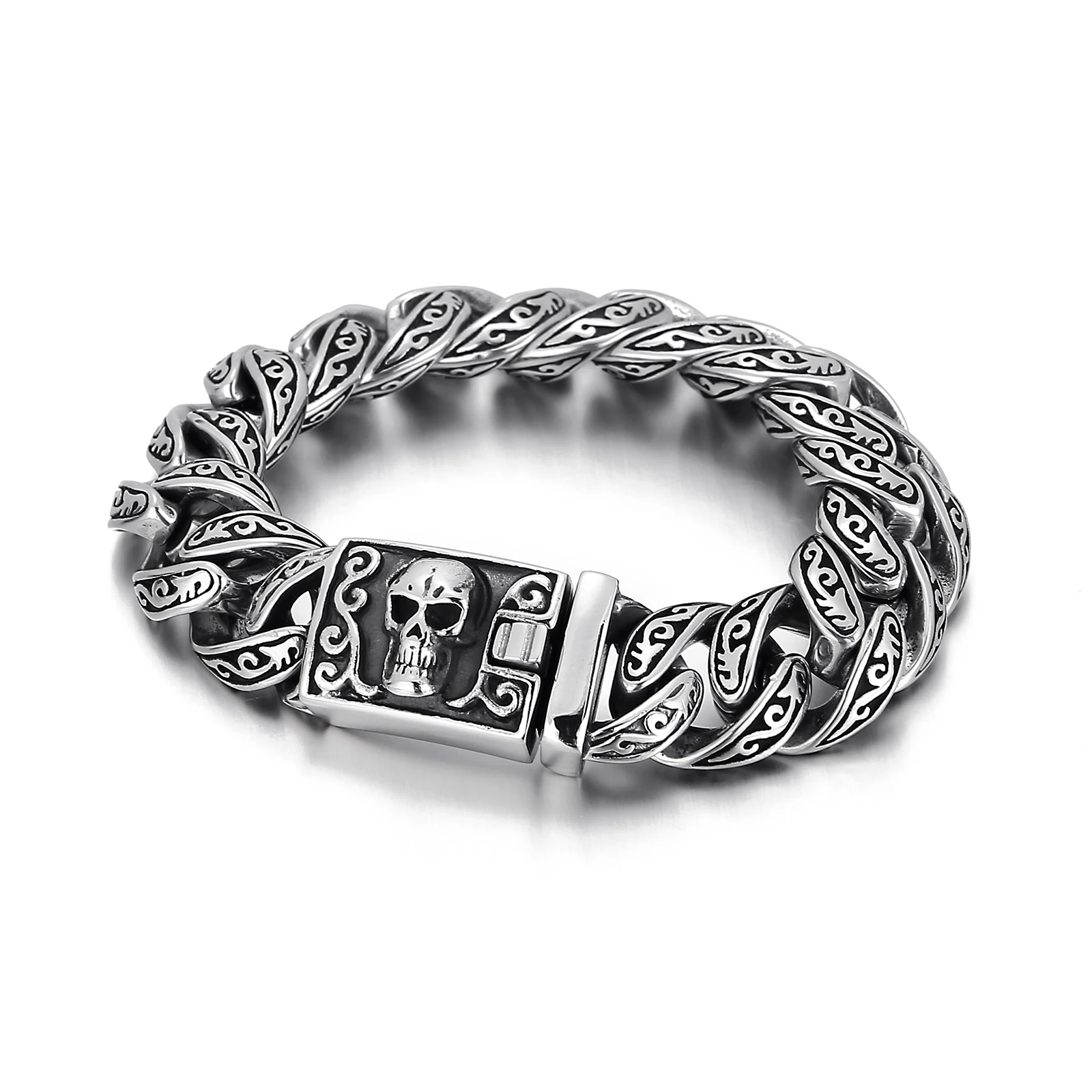 

KALEN Wholesale Domineering Men Bracelet Totem Pattern Skull Stainless Steel Bracelet Jewelry, Steel black