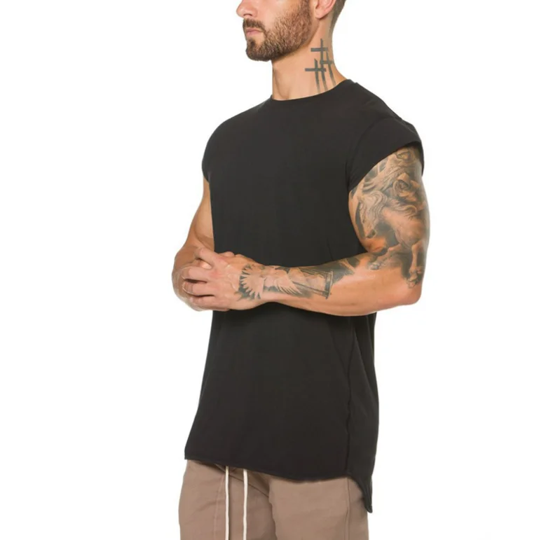 

Wholesale Summer Mens Clothing Fashion Running Sports Vest Uneven Hem Round Neck Drop Shoulder Loose Version Cotton T-Shirt, As picture