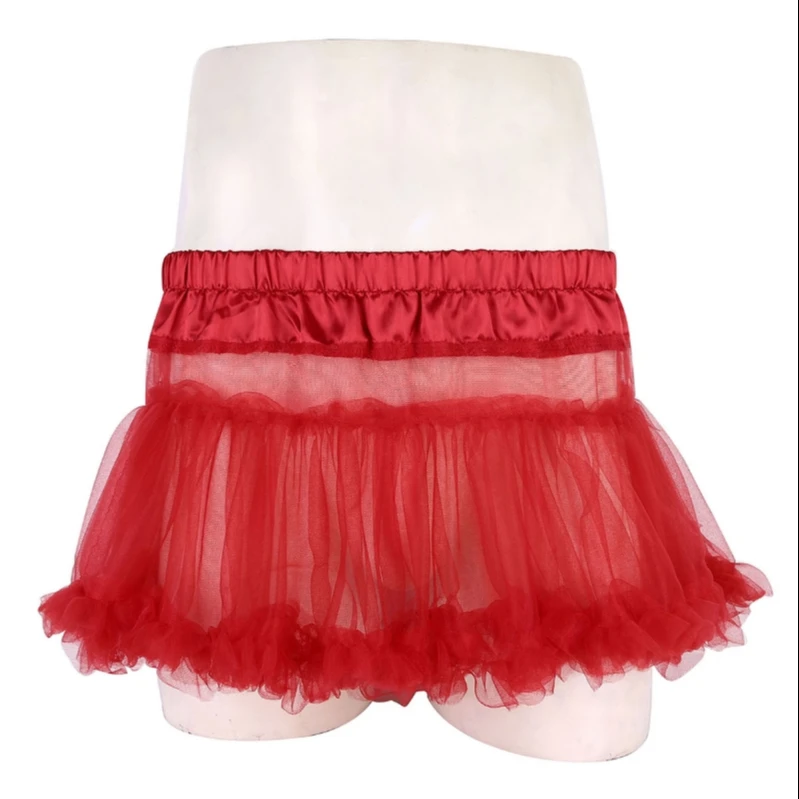 

iEFiEL Mens Sissy Satin Frilly Ruffled Mini Skirt See Through Sheer Soft Tulle Layered Skirt Short
