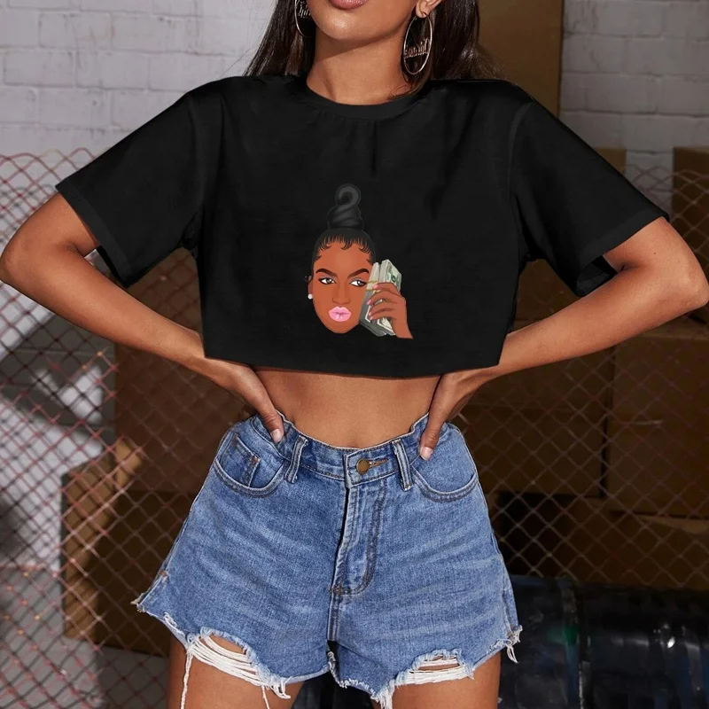 

High Quality Women T-Shirt For Summer Cool Black Girl T Shirt Woman's Clothes Short Tshirt Graphic Crop Tops, Black white