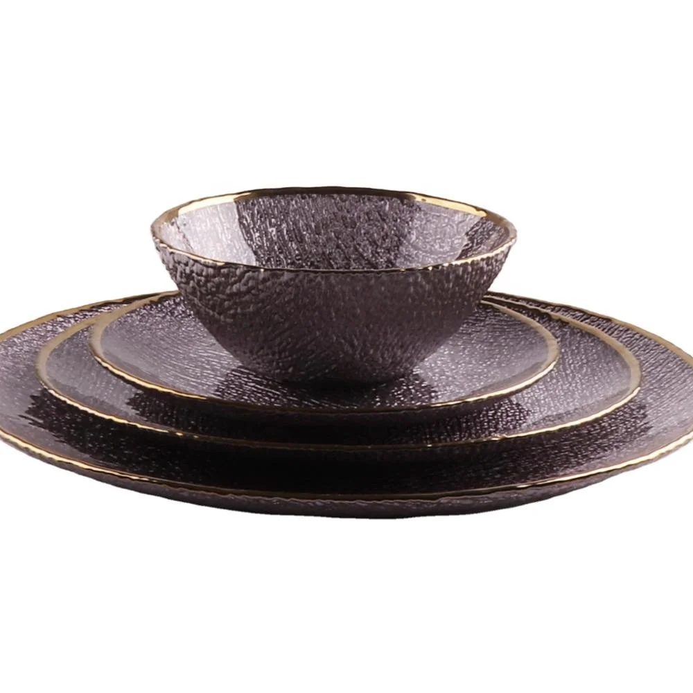 

China Supply Modern Dinnerware Round Blue Brown Bead Plate Dish Party Glass Plates