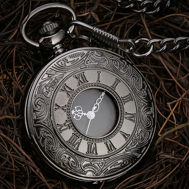 

Black Roman Numerals Quartz Pocket Watch Men Women Black Hollow Case Steampunk Vintage Pendant Necklace Best Gifts for Men Womem