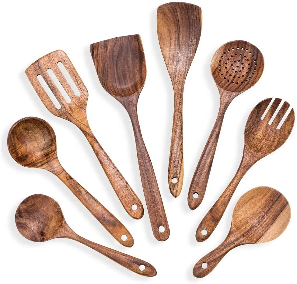 

Natural Teak Wood Utensils Set for Kitchen, Wood Cooking Spoons Tools Nonstick Cookware