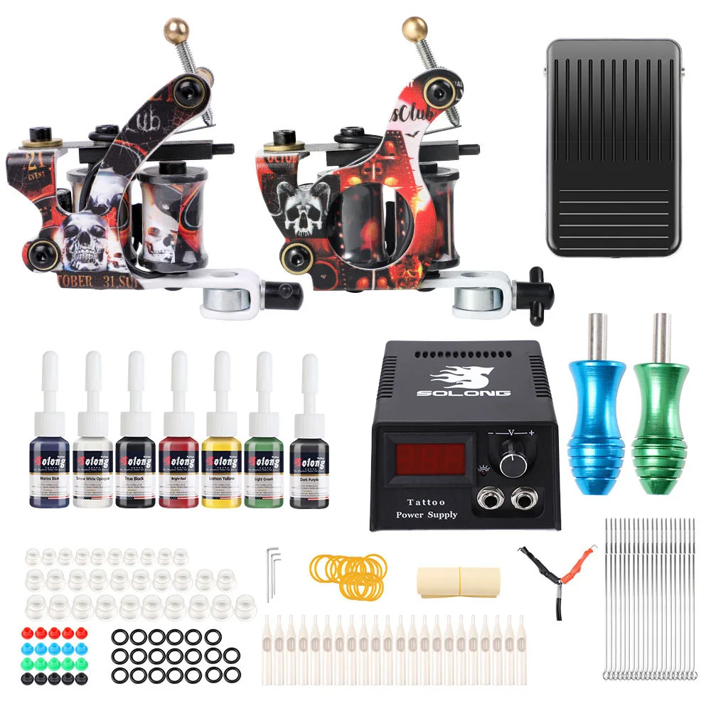 

Solong Complete 2 Coil Tattoo Machine Kit Set For Beginner Power Supply Foot Pedal Needles Ink Set Tattoo Body&Art Machine Set